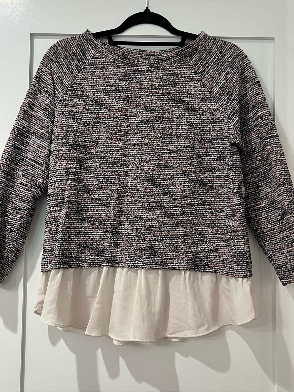 LOFT Multicolor Tweed Crewneck Sweater with Cream Hem